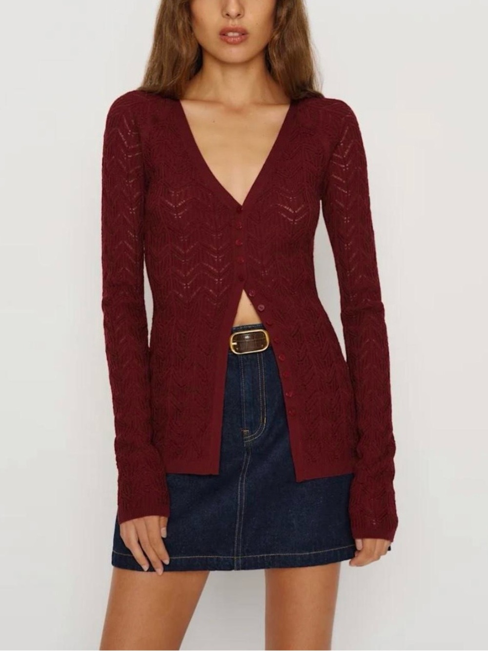 Reformation Deep Red V-Neck Button-Front Knit Cardigan